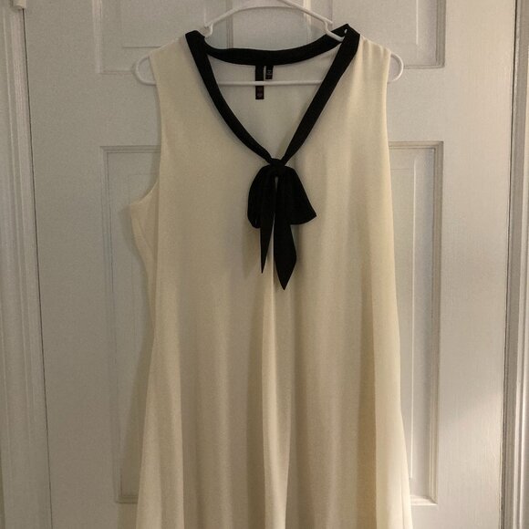 Cream and Black Tie Neck A-Line Dress - Picture 1 of 5